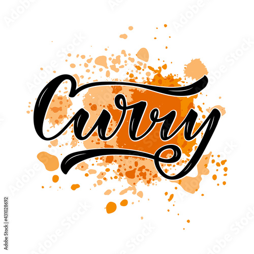 Vector illustration of curry lettering for packages, product design, banner, sticker, spice shop price list and  decoration. Handwritten calligraphic word for web or print
