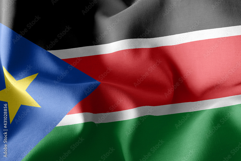 3D rendering illustration flag of South Sudan. Waving on the win 3D rendering illustration flag of South Sudan. Waving on the win