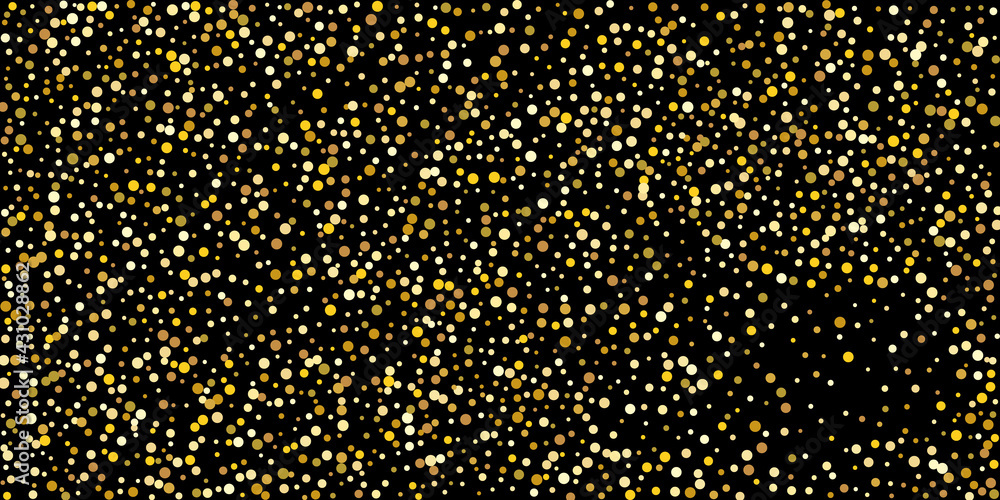 Golden point confetti on a black background.  Illustration of a drop of shiny particles. Decorative element. Element of design. Vector illustration, EPS 10.
