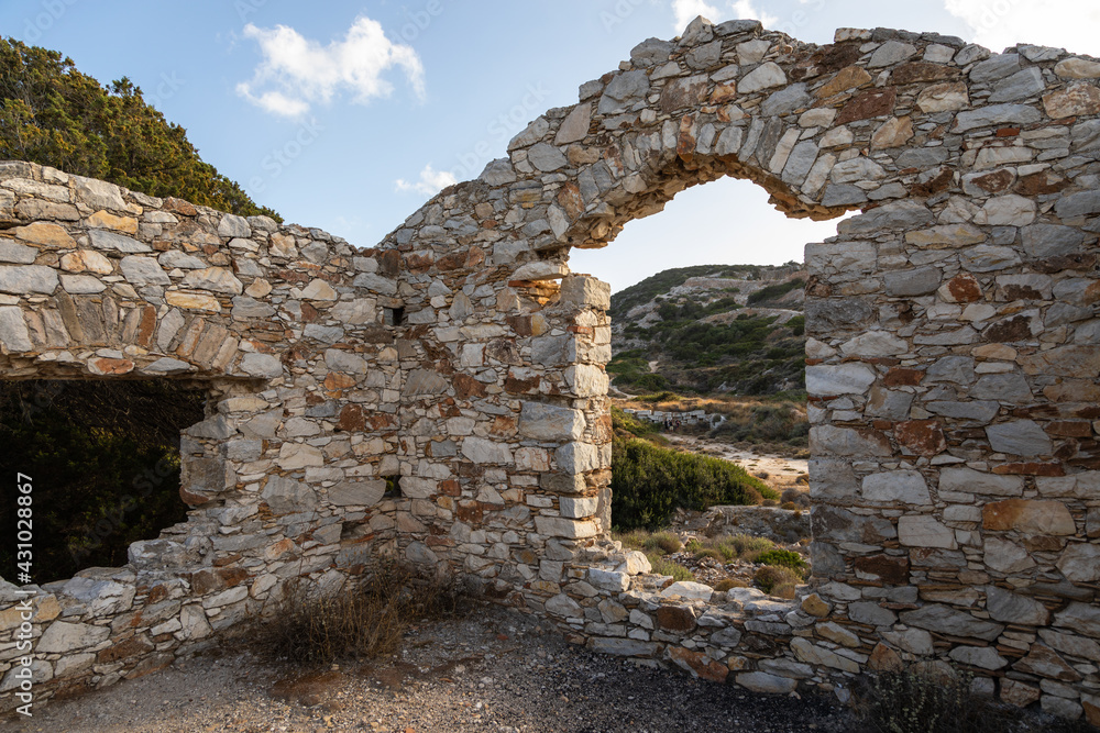 Ruins of house at the ancient Paros marble quarries, Greece.