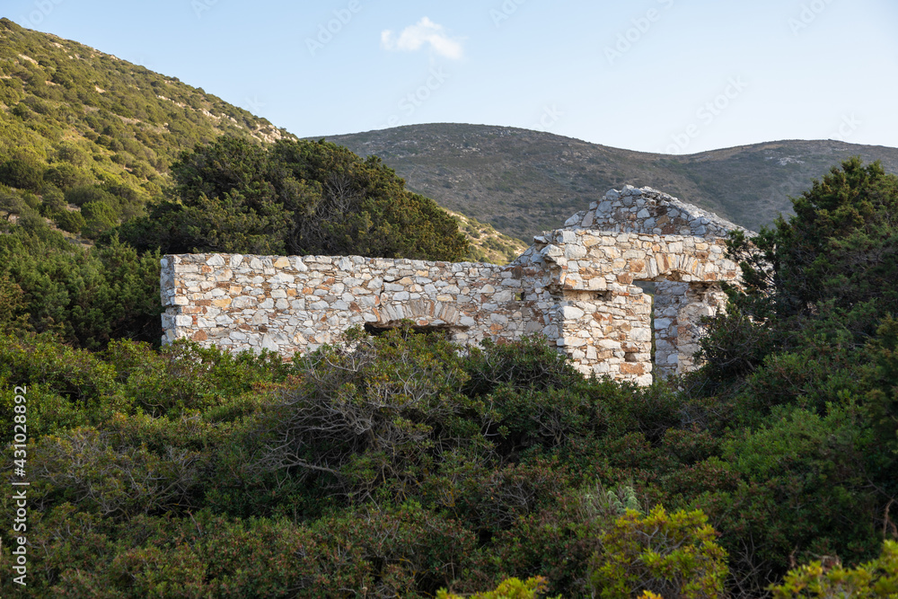 Ruins of house at the ancient Paros marble quarries, Greece.