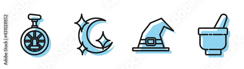 Set line Witch hat, Unicycle or one wheel bicycle, Moon and stars and Magic mortar and pestle icon. Vector