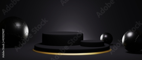 3d rendering of pedestal isolated on black background, gold frame, memorial board, abstract minimal concept, luxury minimalist mockup