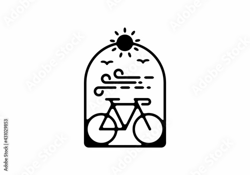 Black line art illustration of bicycle in window frame shape
