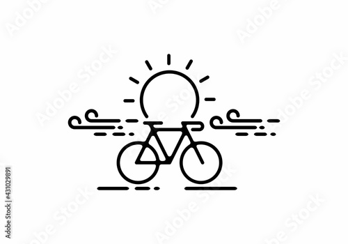 Black line art illustration of bicycle with big sun shape