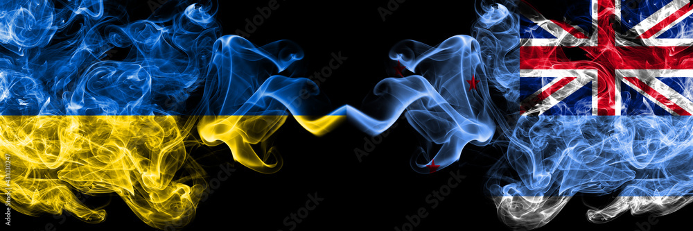 Fototapeta premium Ukraine, Ukrainian vs New Zealand, Ross Dependency smoky mystic flags placed side by side. Thick colored silky abstract smokes flags.
