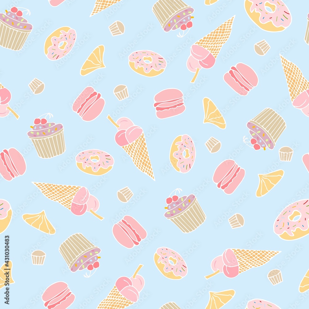 Seamless vector cute sweet pattern with muffins and donuts ice cream macaroon Seamless vector cute sweet pattern with muffins and donuts ice cream macaroon