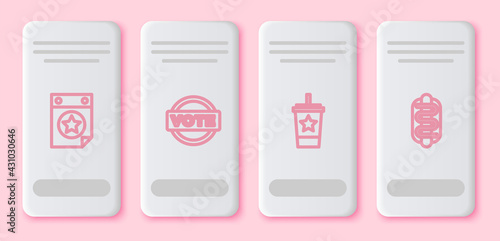 Set line Calendar with date July 4, Vote, Paper glass straw and Hotdog sandwich. White rectangle button. Vector