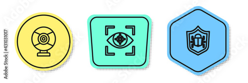 Set line Security camera, Eye scan and System bug. Colored shapes. Vector