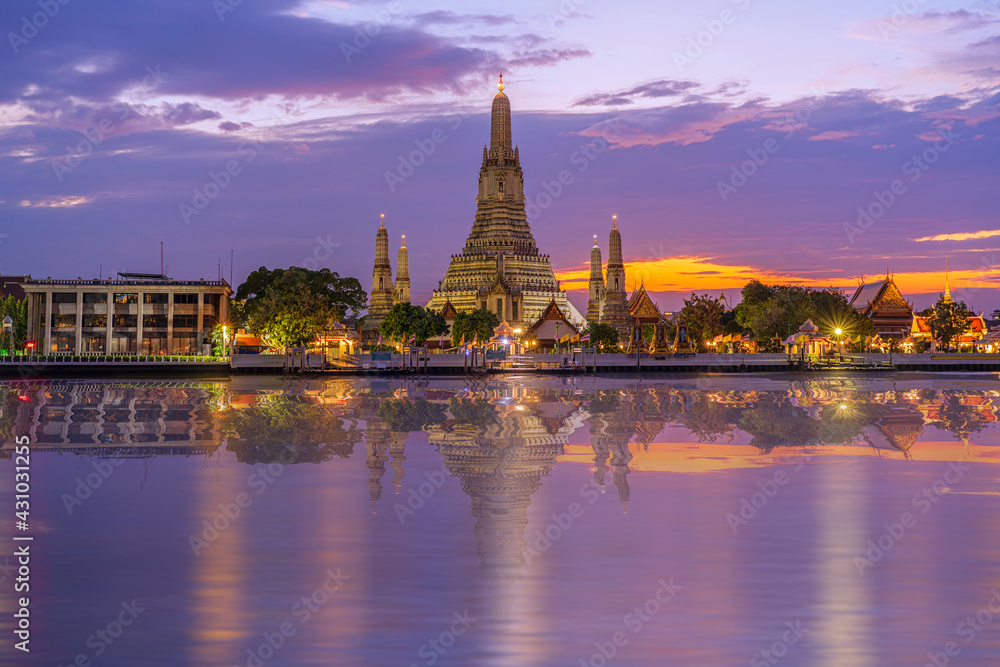 Twilight view of Wat Arun Ratchawararam temple. Beautiful sunset at Chao Phraya river, landmark thailand