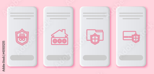 Set line Incognito mode, House with password, Document folder protection and Credit card shield. White rectangle button. Vector