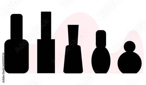 Set of nail polishes, black silhouettes of manicure bottles, collection vector illustration, different forms of nail polish, isolated for salon design, icons