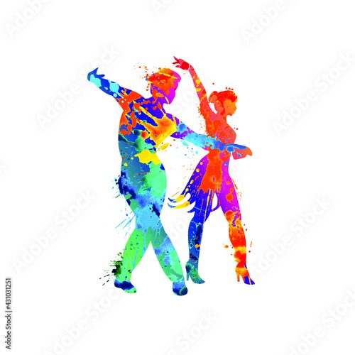 Silhouette of a dancing pair sporting latin classical dances. Vector icon of splash paint