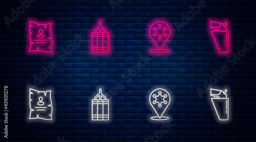 Set line Dynamite bomb, Hexagram sheriff, Wanted western poster and Revolver gun in holster. Glowing neon icon on brick wall. Vector