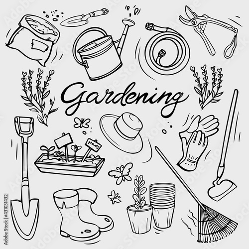 Garden tools doodle set. Hand equipment for gardening, farming, agriculture. Vector icons in sketch style on white.