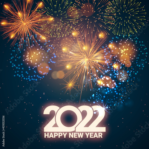 Greeting card Happy New Year 2022. Beautiful Square holiday web banner or billboard with text Happy New Year 2022 on the background of fireworks.