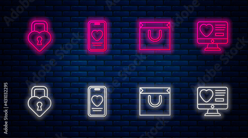 Set line Online dating app and chat, Shopping bag, Castle the shape of heart and Dating online. Glowing neon icon on brick wall. Vector
