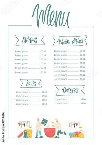 Menu handwritten sign with ribbon - starters, soups, main dishes, desserts and funny cooks with kitchenware. Vector stock illustration isolated on white background for design template restaurant. EPS