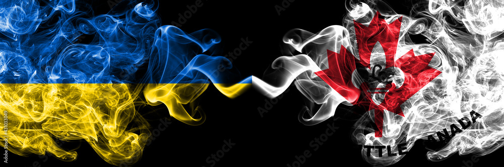Fototapeta premium Ukraine, Ukrainian vs United States of America, America, US, USA, American, Little Canada, Minnesota smoky mystic flags placed side by side. Thick colored silky abstract smokes flags.