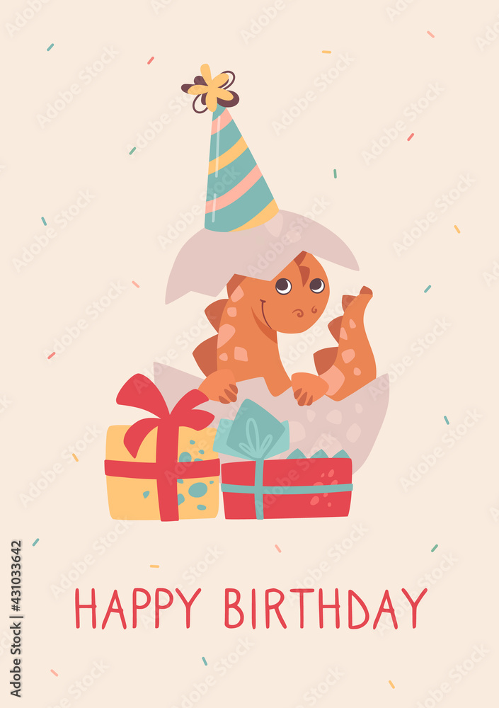 Birthday card. A small dinosaur hatched from an egg. Dino smiles, celebration, fun and gifts. Festive vector card for children.
