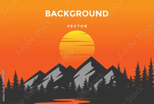 Mountain Sunrise Sunset Landscape with Pine Cedar Spruce Conifer Fir Evergreen Hemlock Larch Cypress Trees Forest and Lake River Creek , Morning Panorama Background. Vector Illustration