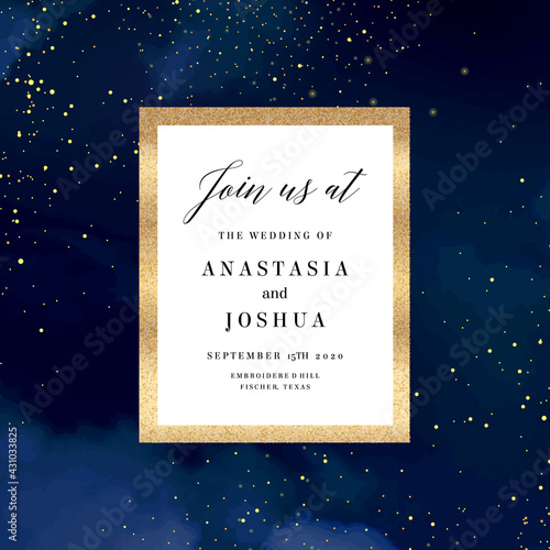 Magic night dark blue card with sparkling glitter and gold art