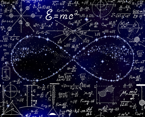 Scientific space vector seamless background with handwritten math formulas, calculations and infinity sign 