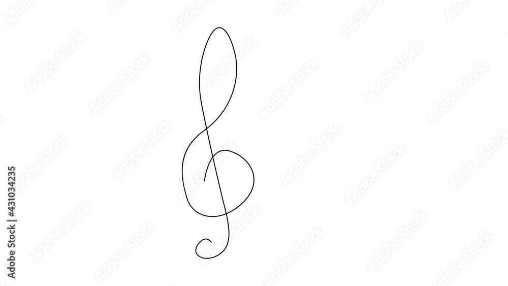 A treble clef and notes are drawn by a single black line on a white background. Continuous line drawing. illustration. A treble clef and notes are drawn by a single black line on a white background. Continuous line drawing. illustration.