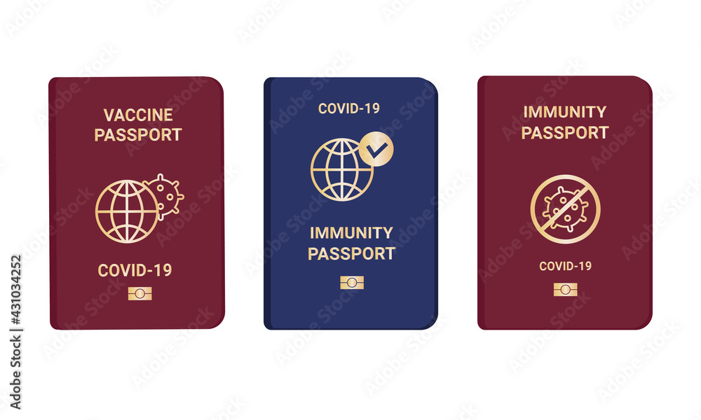 Collection coronavirus Immunity and vaccine passports. Passport with mark of immunity and vaccination. Crossed-out virus. Red and blue passport on white background. Vector flat illustration