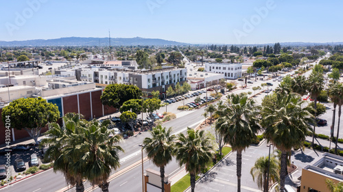 Sunny daytime aerial view of downtown Baldwin Park, California, USA. photo