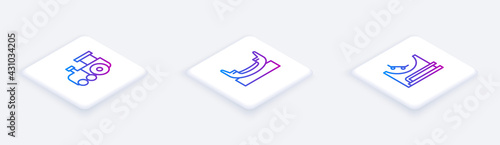 Set Isometric line Toy train, Boat swing and Skate park. White square button. Vector