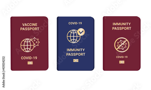 Collection coronavirus Immunity and vaccine passports. Passport with mark of immunity and vaccination. Crossed-out virus. Red and blue passport on white background. Vector flat illustration