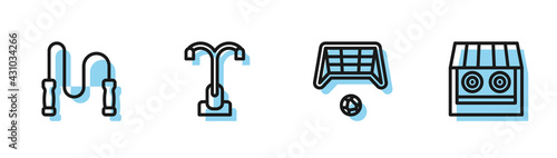 Set line Soccer goal with ball, Jump rope, Street light and Shooting gallery icon. Vector