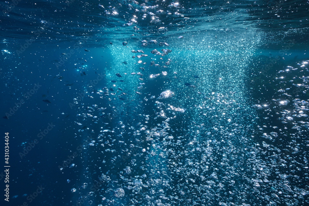 Air bubbles underwater in the ocean rising to surface, natural scene Air bubbles underwater in the ocean rising to surface, natural scene