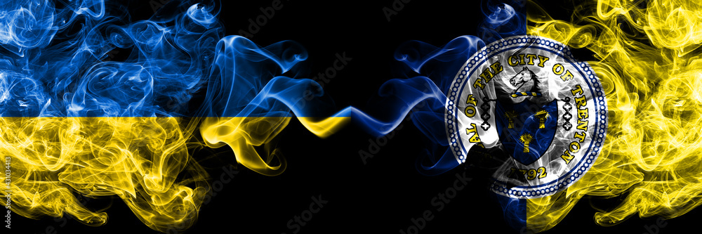 Fototapeta premium Ukraine, Ukrainian vs United States of America, America, US, USA, American, Trenton, New Jersey smoky mystic flags placed side by side. Thick colored silky abstract smokes flags.