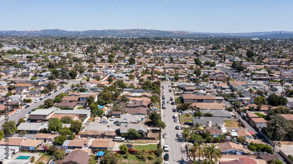 Sunny daytime aerial view of a residential district of Baldwin Park, California, USA.