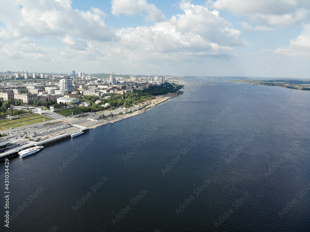 Volgograd. Panorama of the city. River port and central embankment of the city.