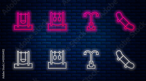 Set line Gymnastic rings, Street light, Swing and Skateboard trick. Glowing neon icon on brick wall. Vector