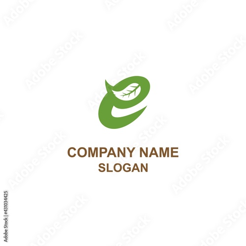 E lowercase letter initial logo, with leaves in negative space style.
