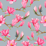 Seamless pattern with watercolor branches of blooming magnolia. Drawing of pink magnolia flowers on a blue-gray background.
