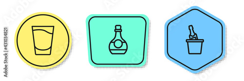 Set line Shot glass, Bottle of cognac or brandy and Champagne in ice bucket. Colored shapes. Vector