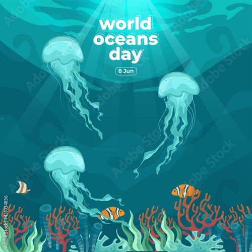 World oceans day 8 June. Save our ocean. Jellyfish and fish were swimming underwater with beautiful coral and seaweed background vector illustration. 