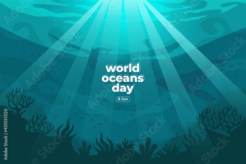 World oceans day 8 June. Save our ocean. Silhouette fish were swimming underwater with beautiful coral and seaweed background vector illustration. 