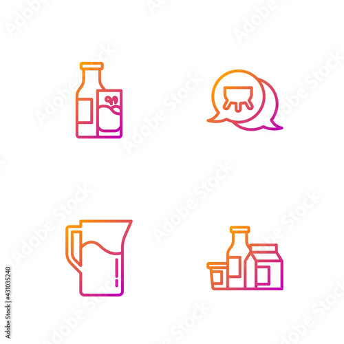 Set line Milk product, jug or pitcher, Bottle milk and glass and Udder. Gradient color icons. Vector