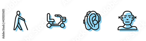 Set line Hearing aid, Blind human holding stick, Electric wheelchair and Deaf icon. Vector