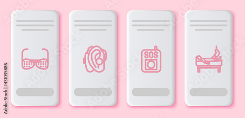 Set line Blind glasses, Hearing aid, Press the SOS button and Patient with broken leg. White rectangle button. Vector