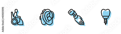 Set line Prosthesis hand, Woman in wheelchair, Hearing aid and Dental implant icon. Vector
