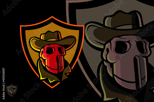 Cowboy skull head mascot in shield.