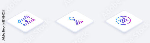 Set Isometric line Car battery, Gear shifter and . White square button. Vector