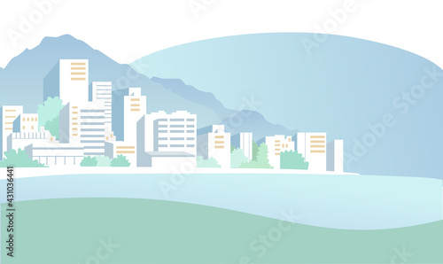 Summer landscape with a coastal town. Colored vector illustration.